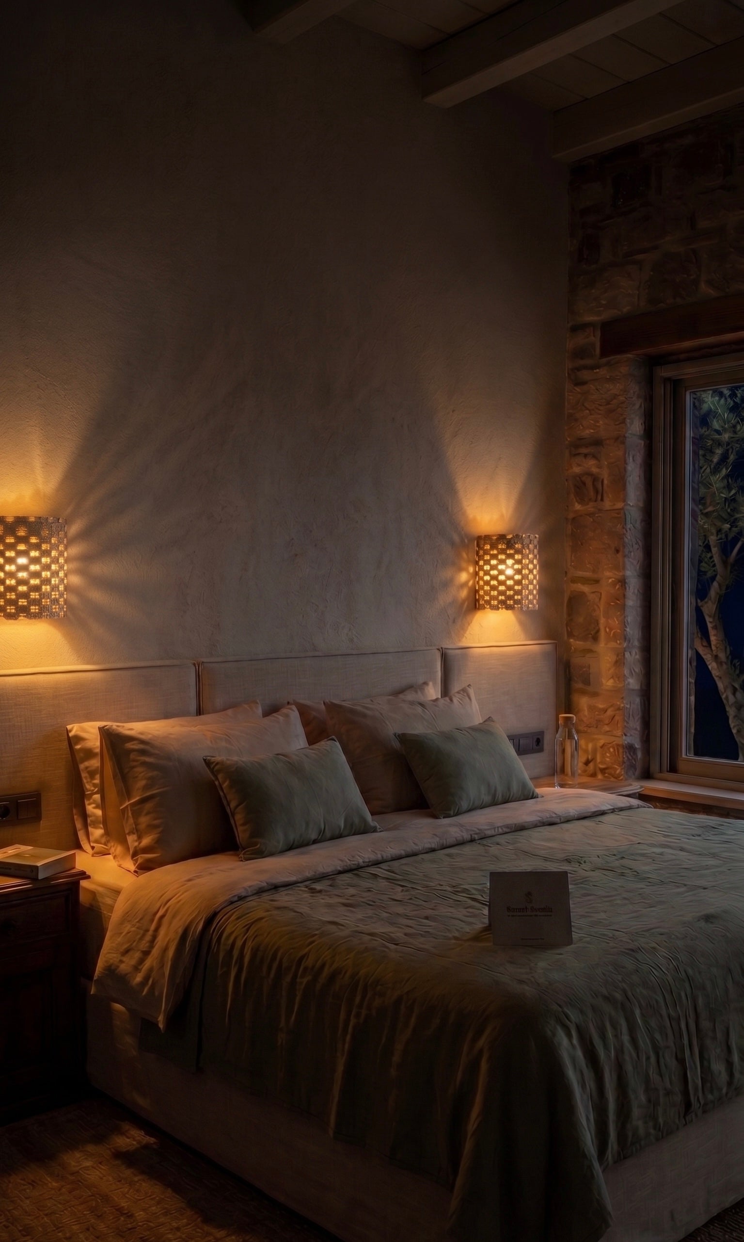 Concept visualization of a guest room with the Ayvalık ceramic pendant and wall sconce installed