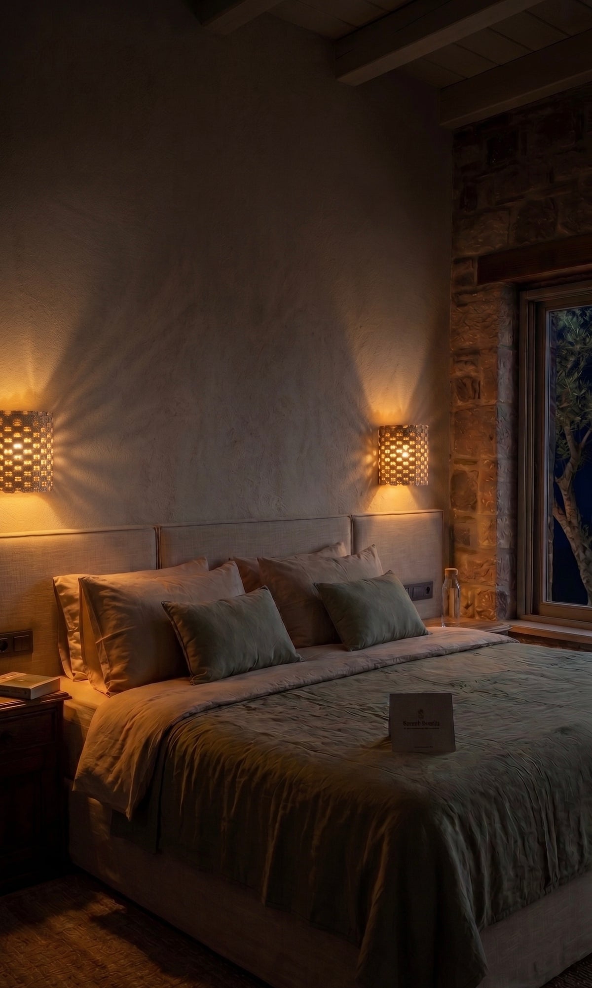 AI-generated guest-room concept showing the Ayvalık ceramic wall sconces; not a photograph of the hotel